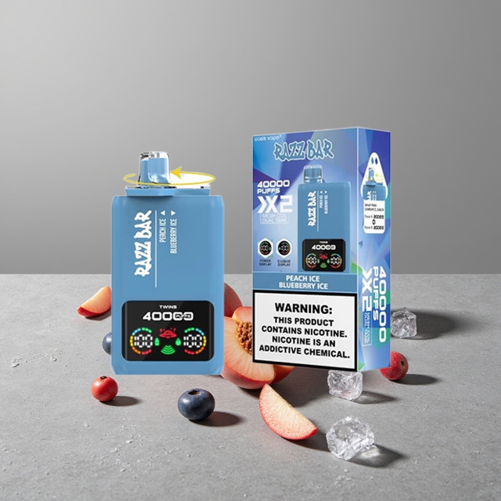Razz Bar 40000 Puffs Power Screen Anzeige & Doppel-Mesh Coil PEACH ICE & BLUEBERRY ICE