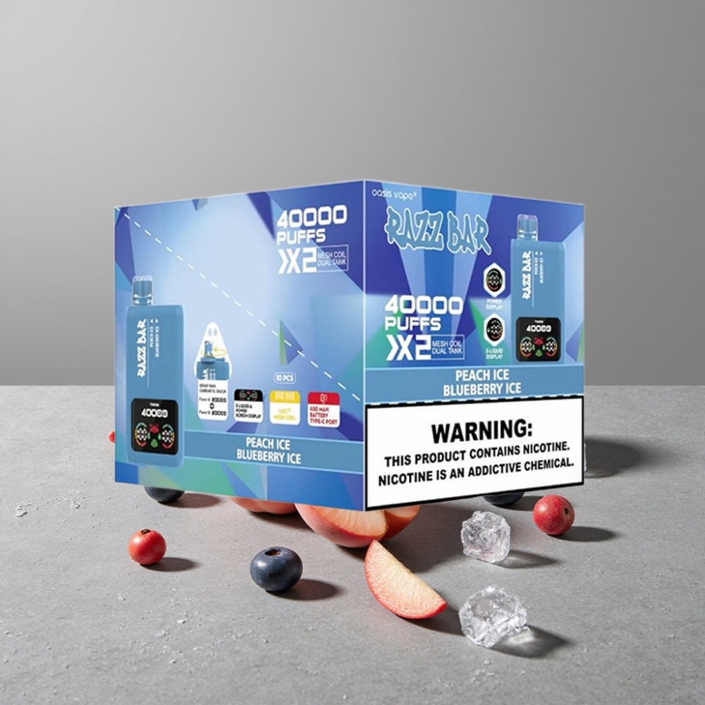 Razz Bar 40000 Puffs Power Screen Anzeige & Doppel-Mesh Coil PEACH ICE & BLUEBERRY ICE
