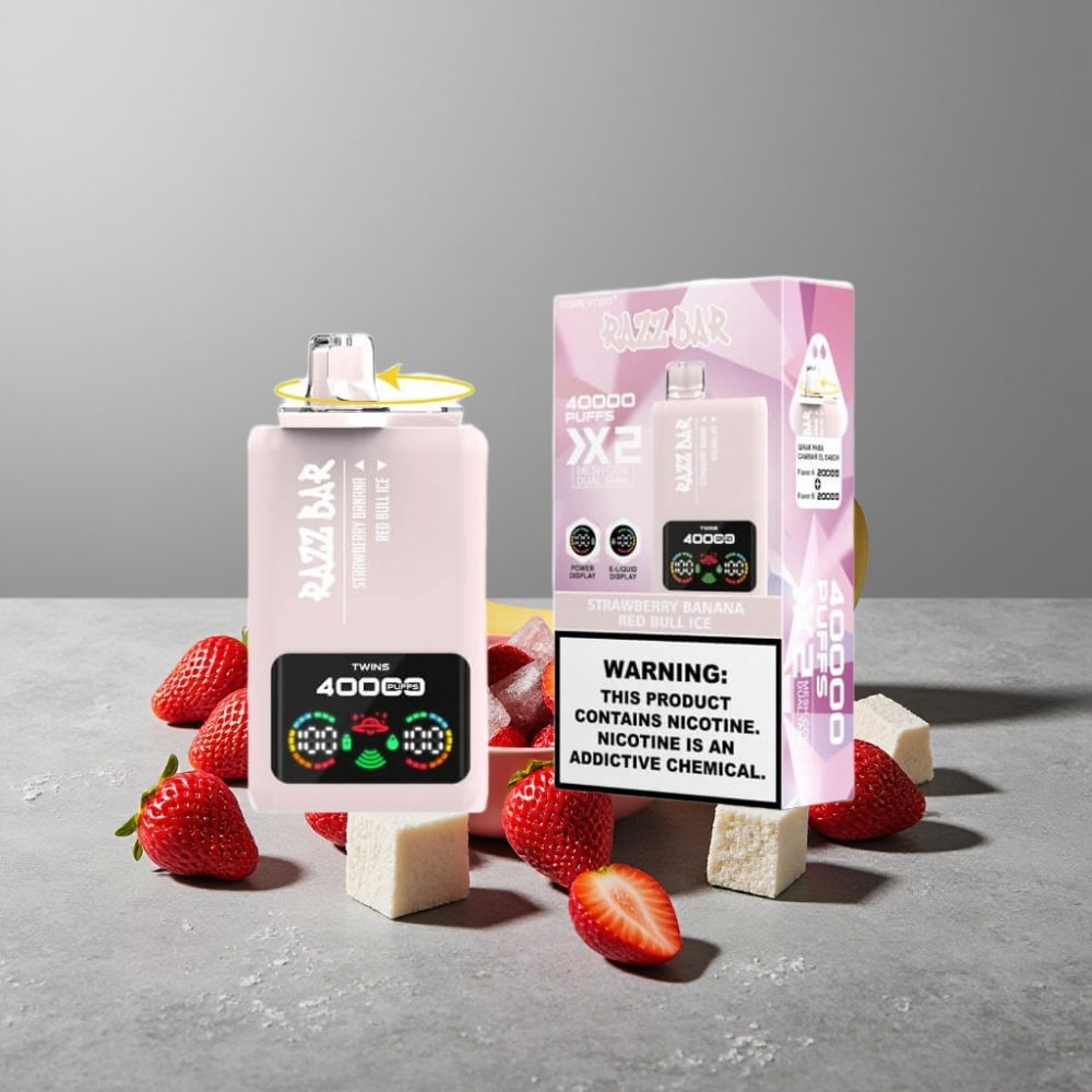 Razz Bar 40000 Puffs Power Screen Anzeige & Doppel-Mesh Coil STRAWBERRY BANANA & RED BULL ICE