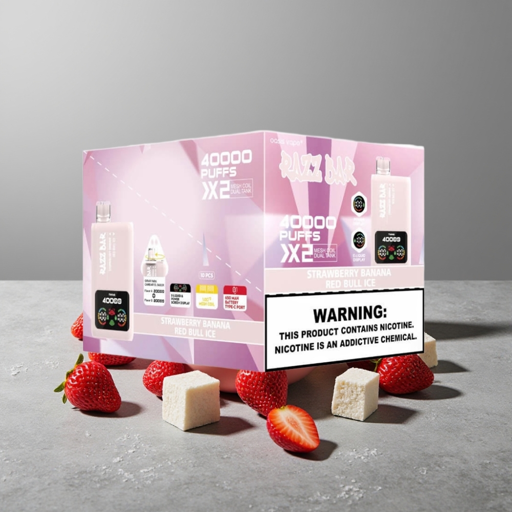 Razz Bar 40000 Puffs Power Screen Anzeige & Doppel-Mesh Coil STRAWBERRY BANANA & RED BULL ICE